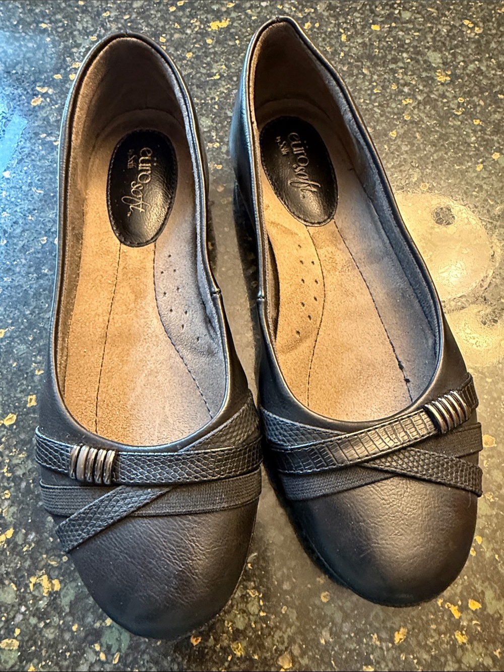 Eurosoft Black Women’s Slip-On Flats with Textured Cross Strap